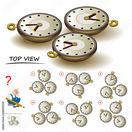 Logic puzzle game for children and adults. Need to find correct top view of watch. Printable page for brain teaser book. Developing spatial thinking skills. IQ training test. Vector cartoon image.