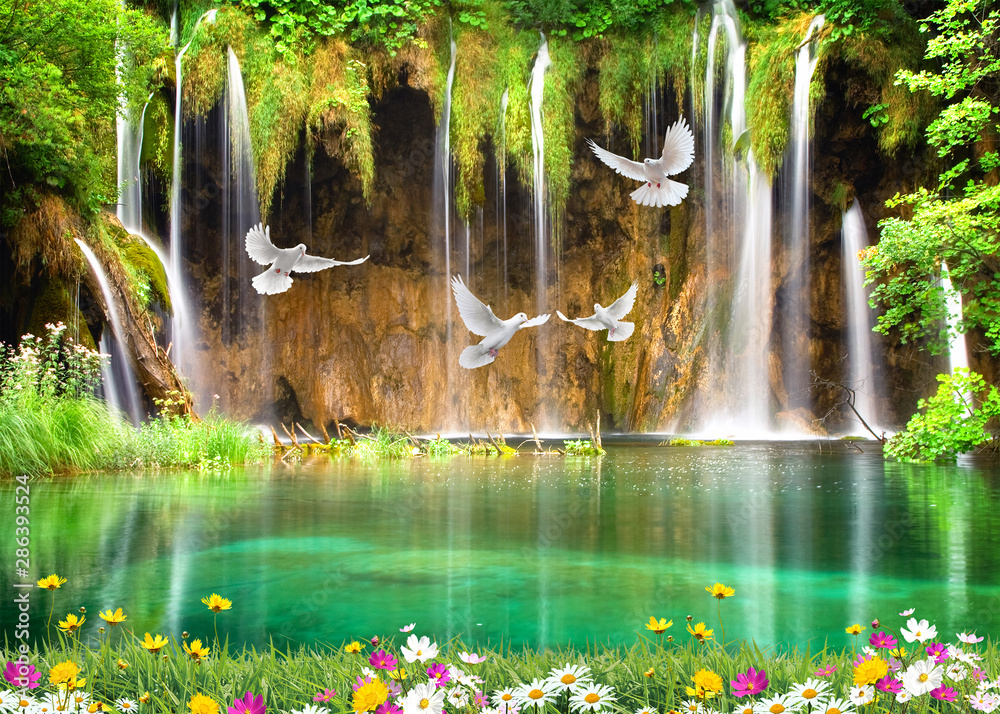 3d nature wallpaper background and waterfall, sea , seagulls wood bridge  Stock Photo | Adobe Stock
