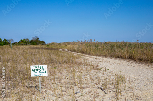 please keep off the dunes sign at flag ponds nature park beach in calvert county maryland