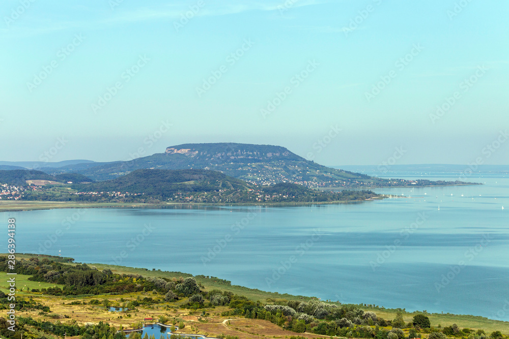 Lake Balaton with the Badacsony mountain in the background.