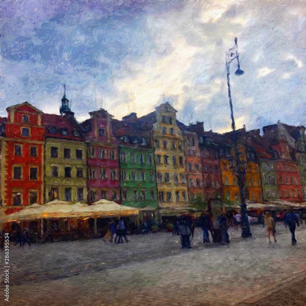 Fototapeta premium Oil painting view of Wroclaw city in Poland. Travel in europe scene. Old architecture and town elements. Large print for design paper or canvas. Wall art contemporary impressionism decoration.