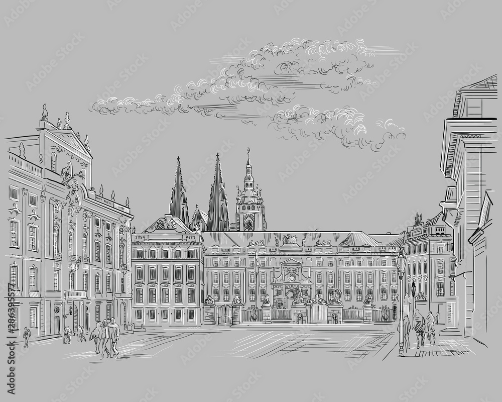 Grey vector hand drawing Prague 1