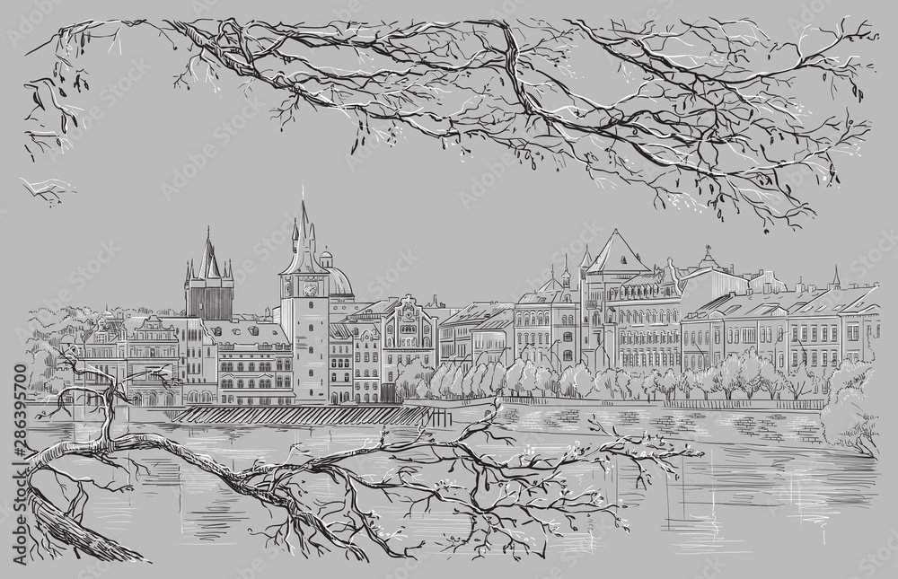 Grey vector hand drawing Prague 9