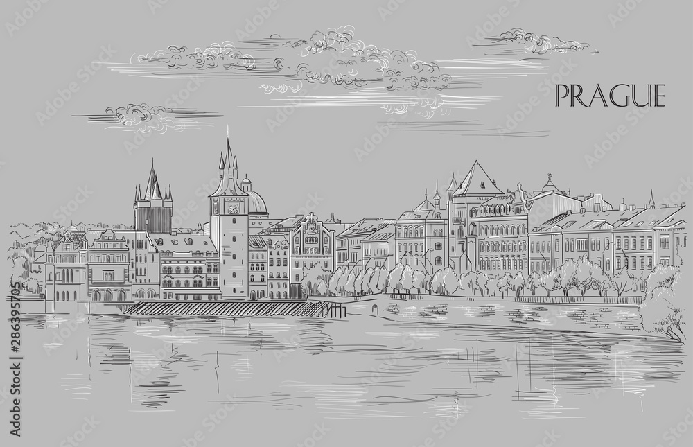 Grey vector hand drawing Prague 9 2