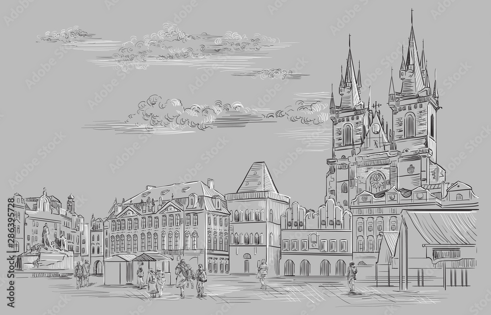 Grey vector hand drawing Prague 10