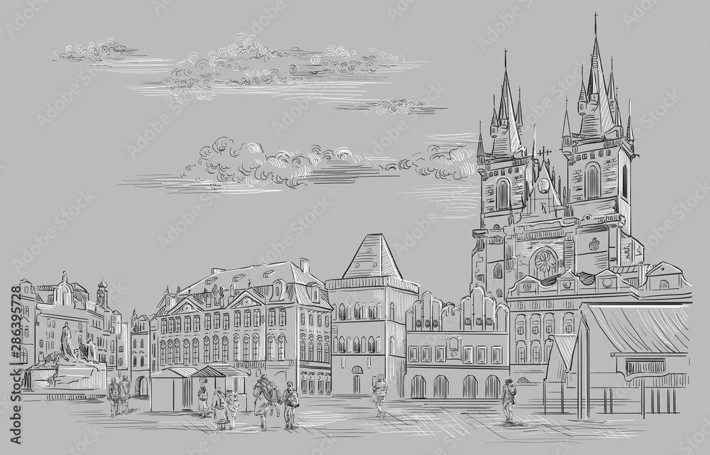 Fototapeta premium Grey vector hand drawing Prague 10