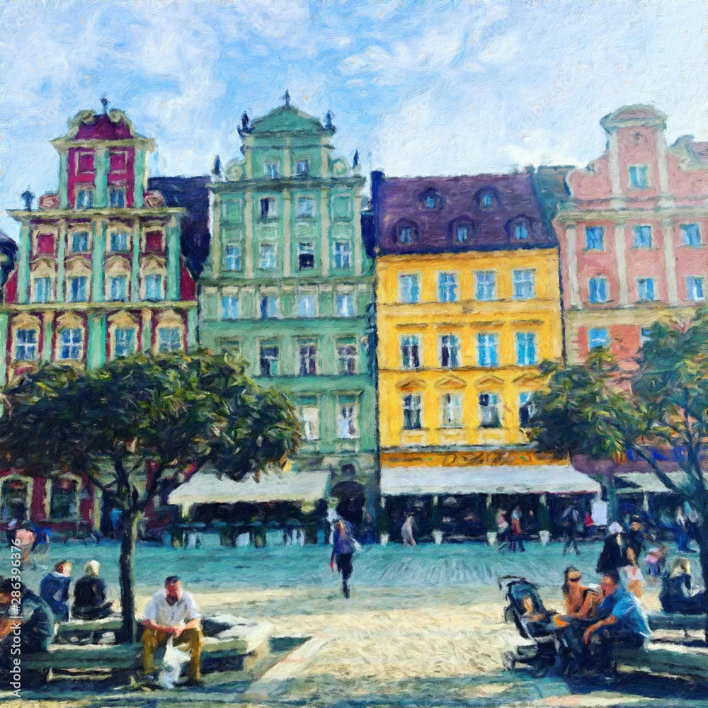 Obraz premium Oil painting view of Wroclaw city in Poland. Travel in europe scene. Old architecture and town elements. Large print for design paper or canvas. Wall art contemporary impressionism decoration.