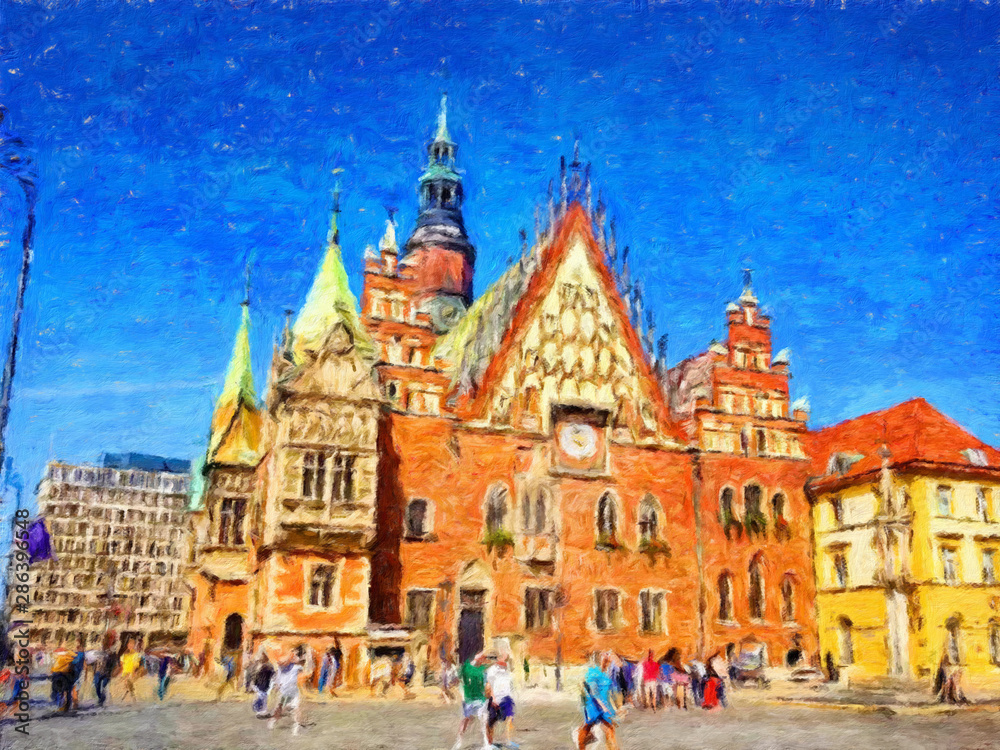 Oil painting view of Wroclaw city in Poland. Travel in europe scene. Old architecture and town elements. Large print for design paper or canvas. Wall art contemporary impressionism decoration.