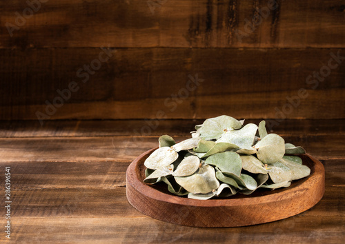 Organic dried eucalyptus leaves - Wooden background