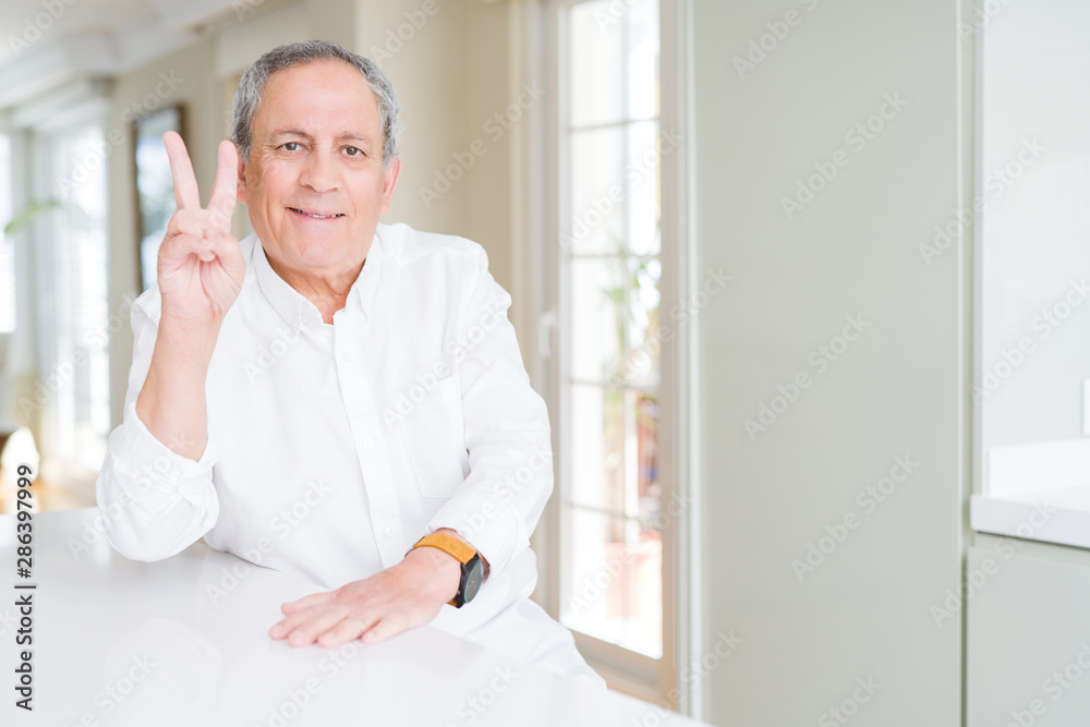 Handsome senior man at home smiling with happy face winking at the camera doing victory sign. Number two. Handsome senior man at home smiling with happy face winking at the camera doing victory sign. Number two.