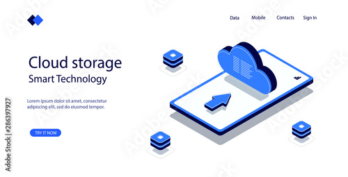 Concept cloud storage data, download info through internet with help mobile phone, 3d visualization modern smart device, mobile service and technology. Vector isometric illustration.