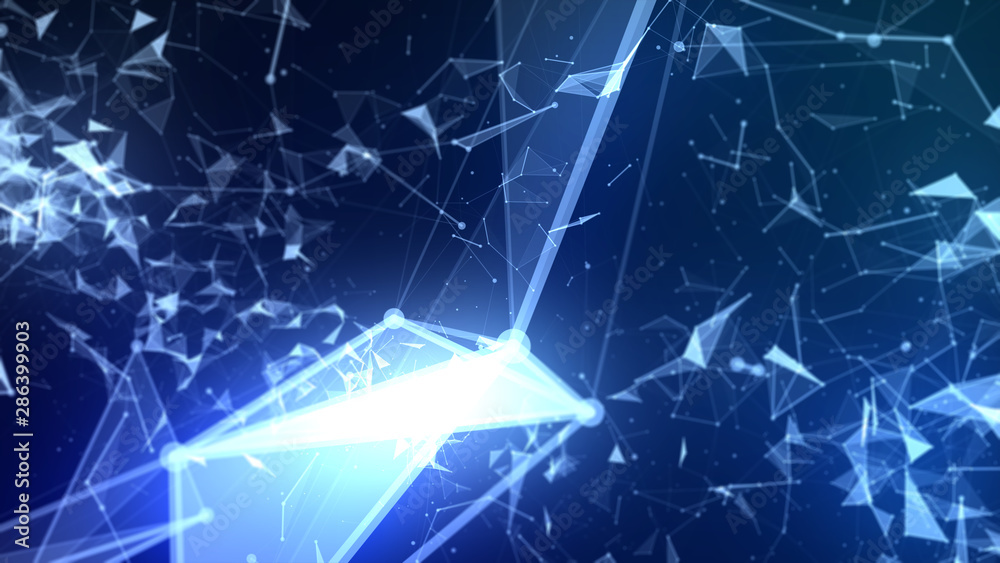 Obraz premium Abstract high technology concept. low poly background, lines and dots data connection, Polygon shape pattern on dark blue background