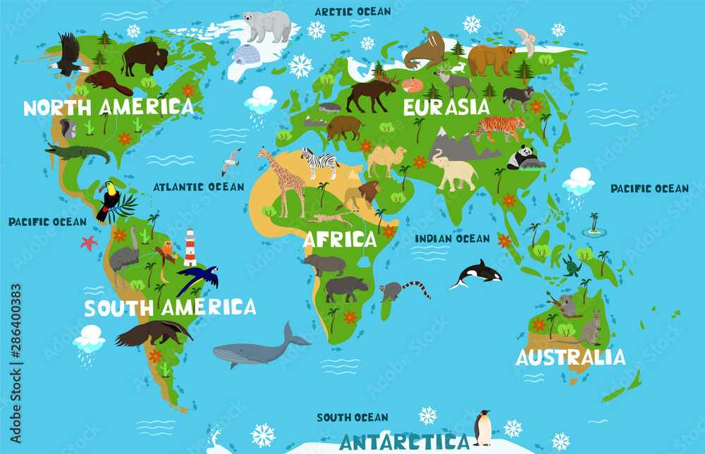 Fototapeta premium Mapa świata dla dzieci z nazwami kontynentów i oceanów. Zwierzęta na kontynencie. Grafika wektorowa.