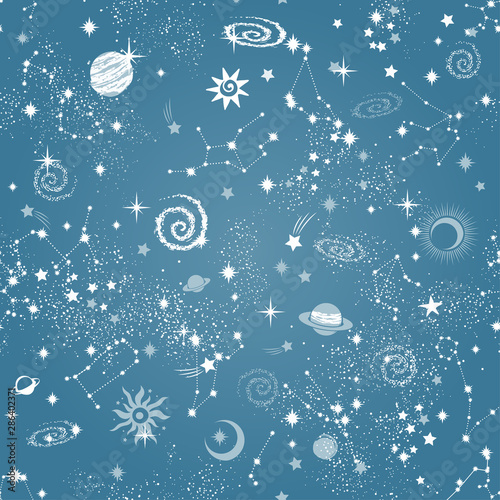 Space Galaxy constellation seamless pattern print could be used for textile, zodiac star yoga mat, phone case