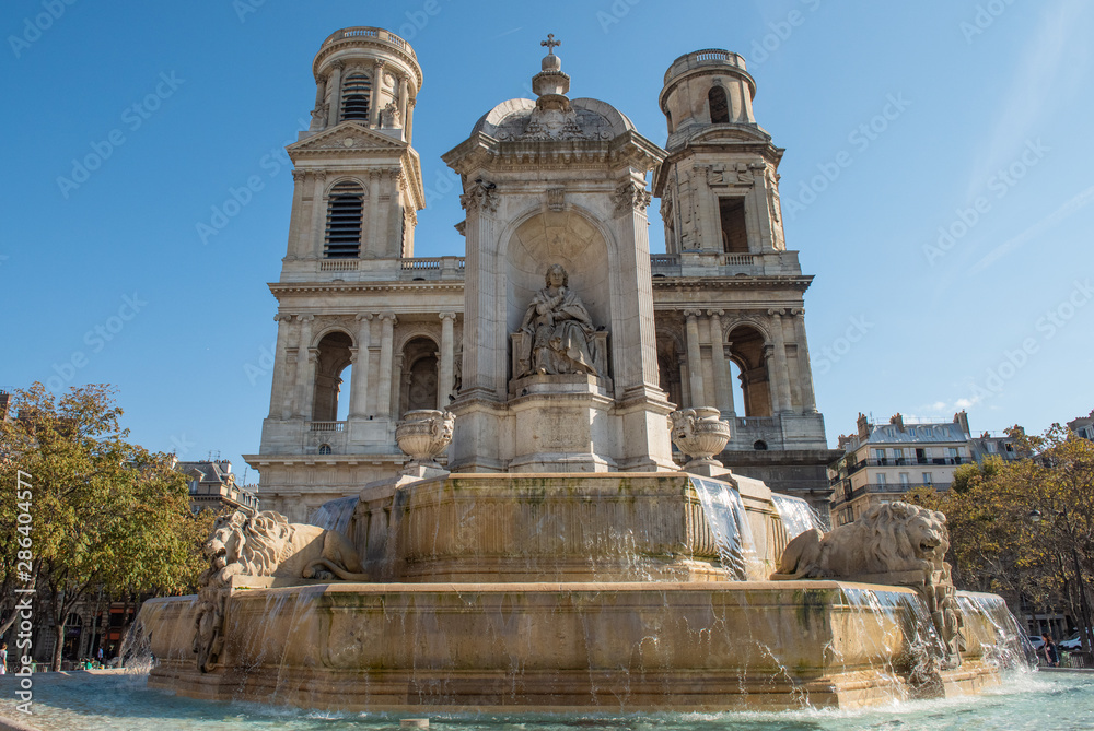 Fountain in front of the church of Saint-Sulpice. Paris. France