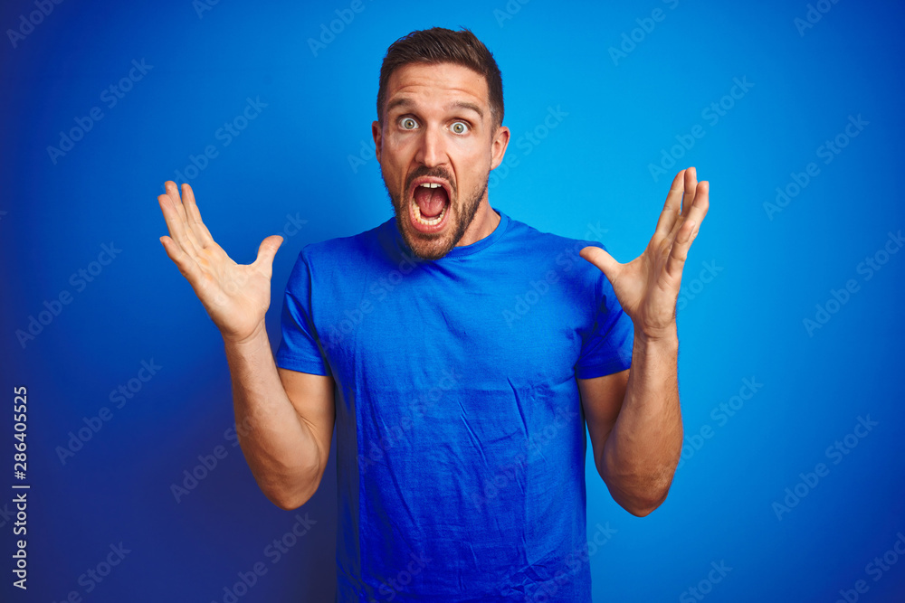 Young handsome man wearing casual t-shirt over blue isolated background celebrating crazy and amazed for success with arms raised and open eyes screaming excited. Winner concept Young handsome man wearing casual t-shirt over blue isolated background celebrating crazy and amazed for success with arms raised and open eyes screaming excited. Winner concept