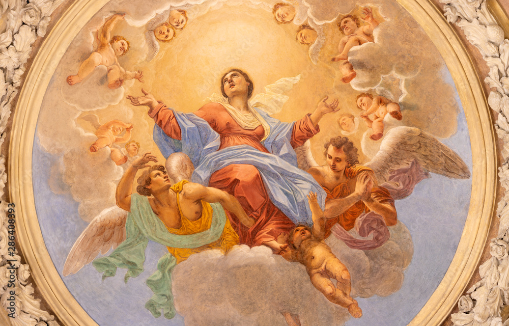 RIVA DEL GARDA, ITALY - JUNE 13, 2019: The ceiling fresco of Assumption of Virgin Mary in church Chiesa di Santa Maria Assunta (Cappella del Suffragio) by Giuseppe Craffonara (19 cent.).
