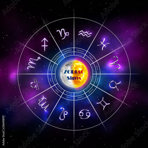 Horoscope circle with twelve zodiac signs. Silver metal zodiac symbols on blurred cosmic background. Horoscope calendar with star signs. Fortune telling and astrology predictions vector illustration.