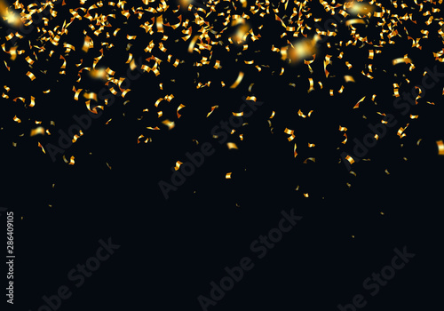 Realistic falling golden confetti on black background. Shiny festive serpentine backdrop for surprise party invitation. Wedding ceremony luxury decoration. Anniversary celebration vector illustration
