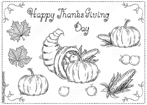 Hand drawn Thanksgiving set at retro style. Vector  with hand written text,  many vegetables and leaves on white background