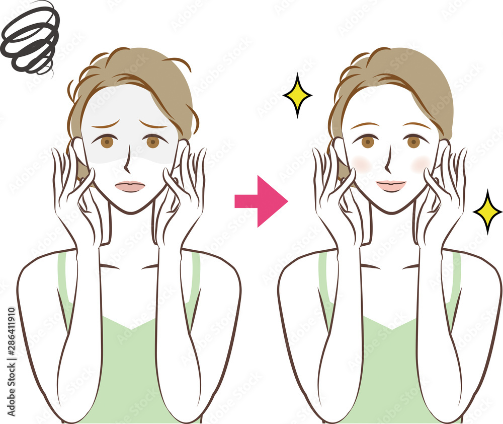 女性 正面 上半身 美容 肌 笑顔 人物 女の子 若い ビューティ エステ エステティック 線画 かわいい きれい おしゃれ 美白 手を添える スキンケア 化粧品 淡い 皮膚 ２パターン セット サロン 化粧 メイク メイクアップ モデル 楽しい