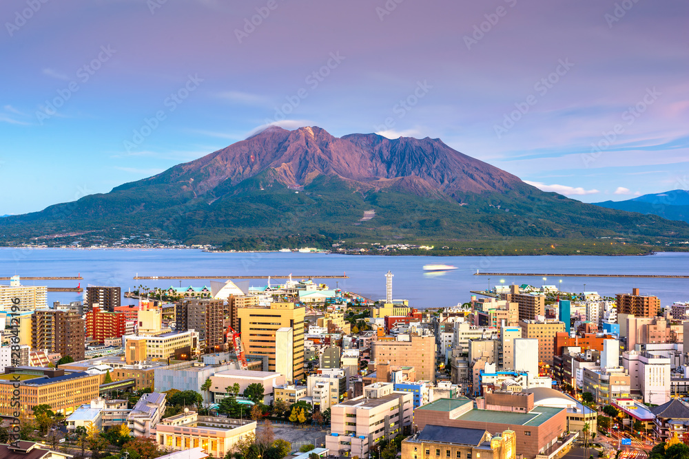 Kagoshima, Japan skyline with Sakurajima Volcano