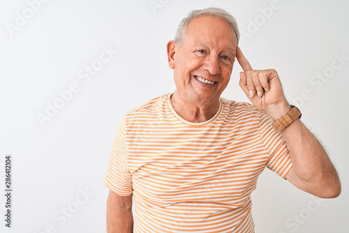 Senior grey-haired man wearing striped t-shirt standing over isolated white background Smiling pointing to head with one finger, great idea or thought, good memory