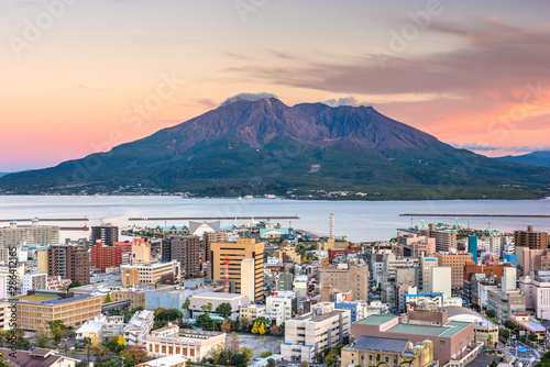 Kagoshima, Japan skyline with Sakurajima Volcano