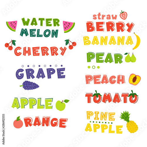 Fruits hand drawn vector lettering set