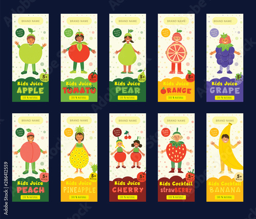 Kids fruit juice packaging vector templates set