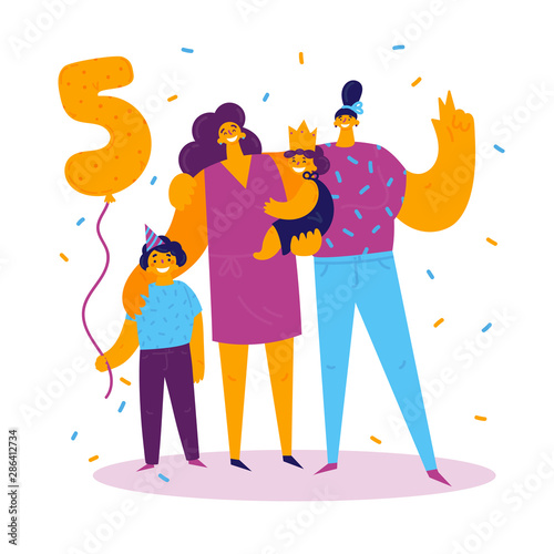Homosexual female lgbt family.Two moms with son and daughter celebrate birthday.Gay couple with children. Two women with boy and girl.Non-traditional family.Son celebrating his fifth birthday.Vector