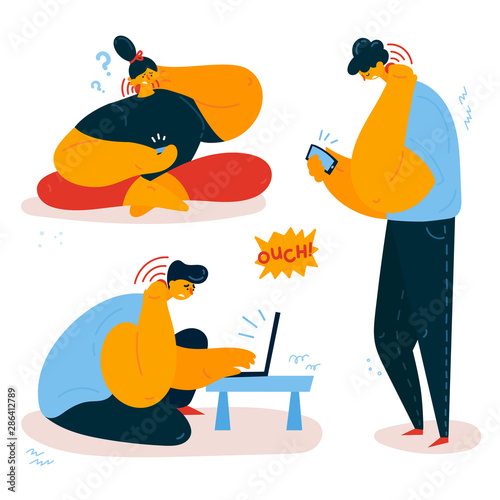 Women and men are holding on to the back and neck. Smartphone-related neck pain.Young people experience back and neck pain while using their phones and computers.Flat style vector illustration