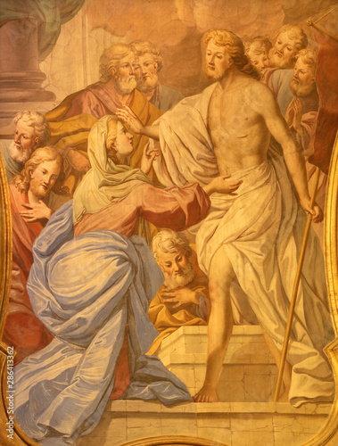 ACIREALE, ITALY - APRIL 10, 2018: The fresco apparition of resurrected Jesus to his mother and apostles in Basilica Collegiata di San Sebastiano by Pietro Paolo Vasta (1730).