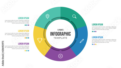 5 points circular infographic element template with icons and colorful flat style, can use for presentation slide