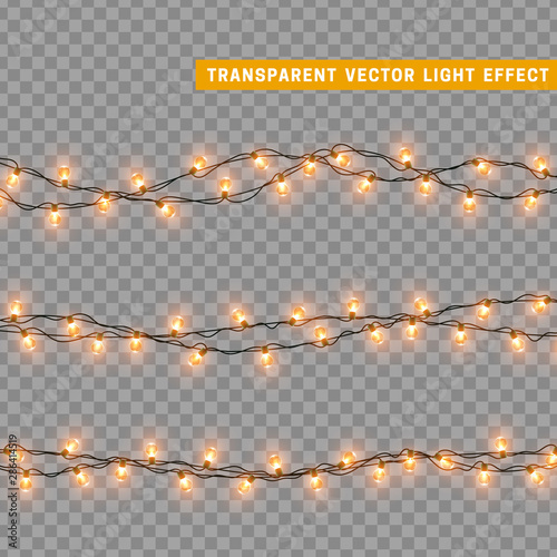 Christmas lights in orange and yellow color. Decorations design element Christmas glowing lights. Decorative Xmas realistic objects. Holiday decor set of garlands. vector illustration