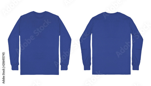 Fotografie Blank plain blue long sleeve t shirt front and back view isolated on white background