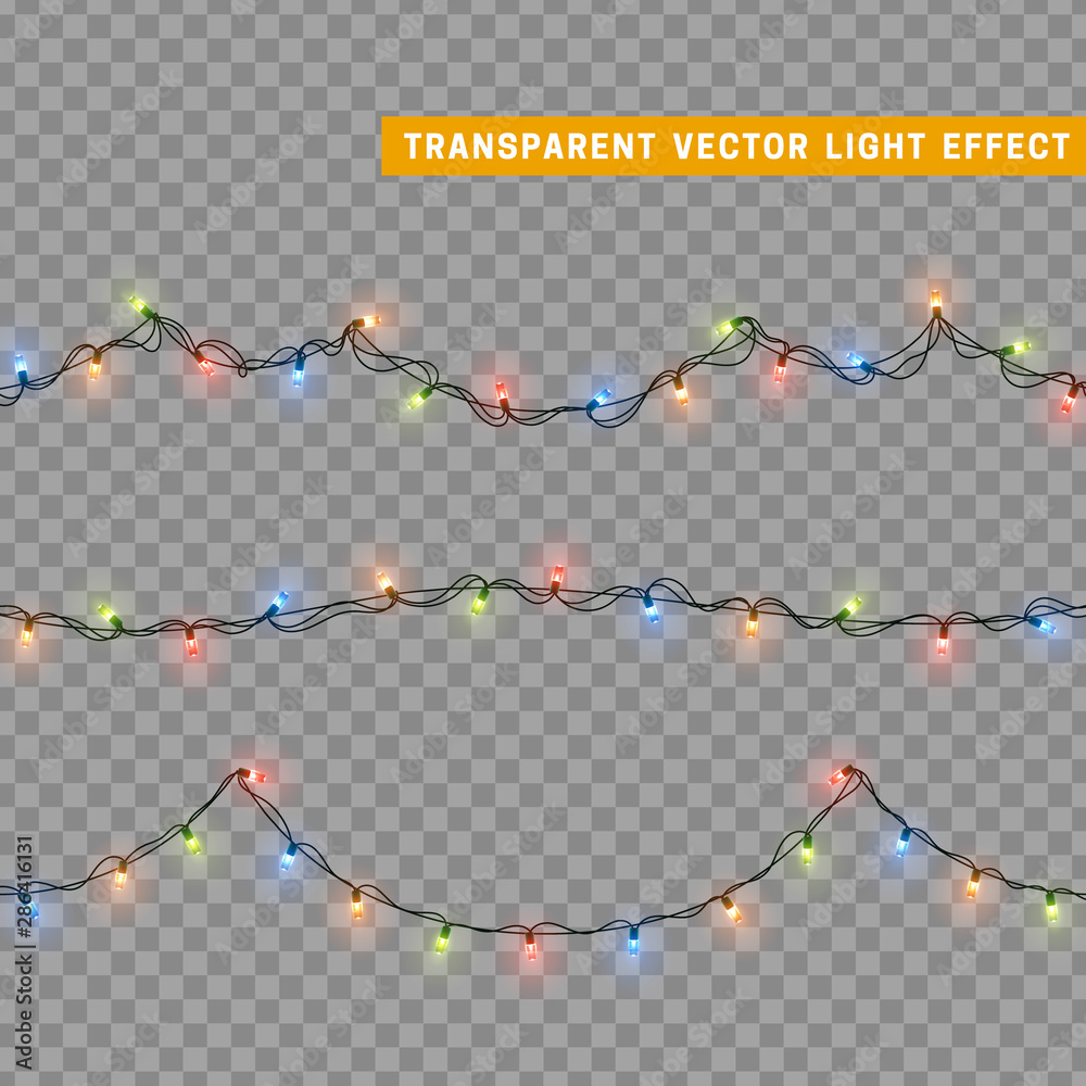 Christmas lights in multi-colored color. Decorations design element Christmas glowing lights. Decorative Xmas realistic objects. Holiday decor set of garlands. vector illustration