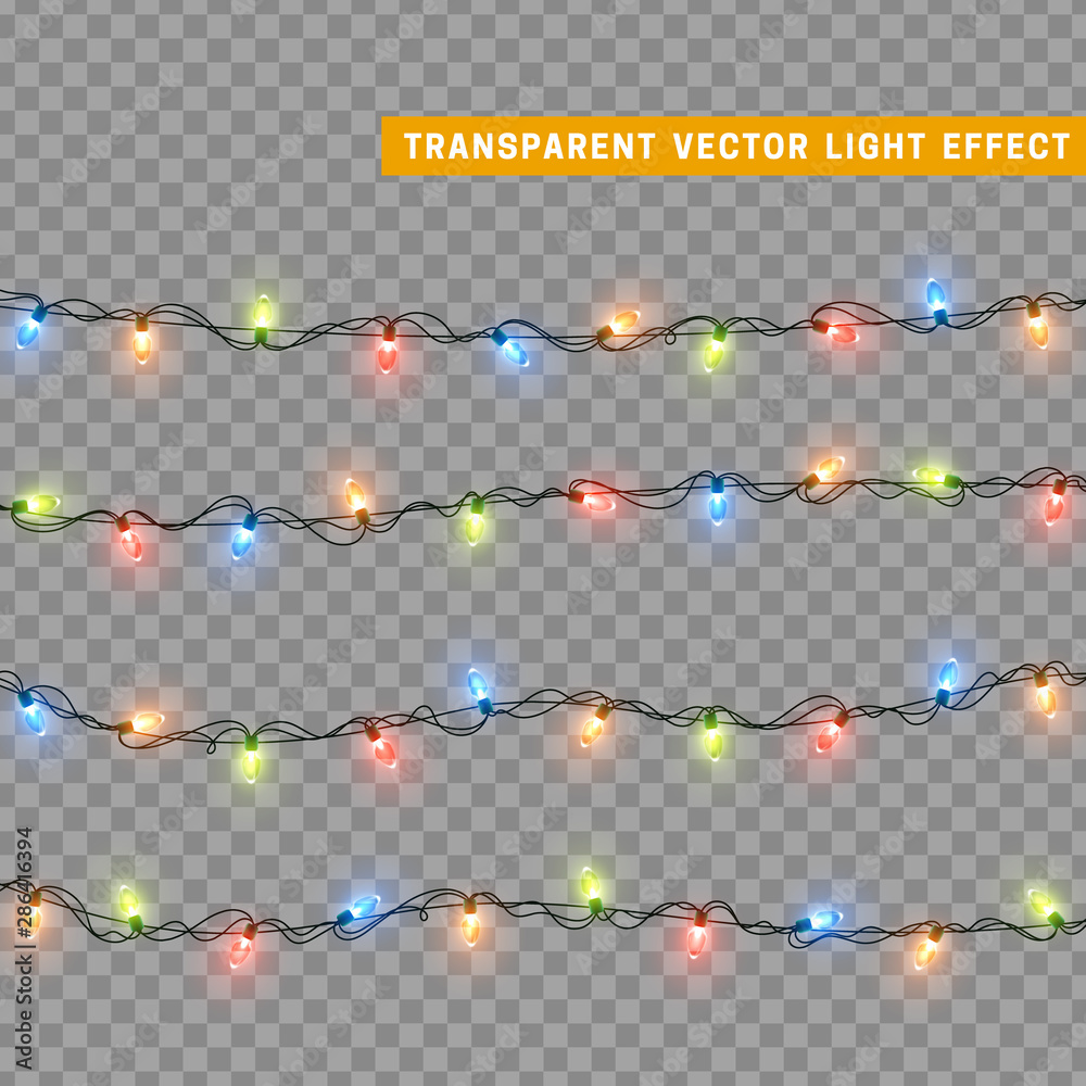Christmas lights in multi-colored color. Decorations design element Christmas glowing lights. Decorative Xmas realistic objects. Holiday decor set of garlands. vector illustration