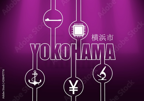 Image relative to Japan travel theme. Yokohama city name in geometry style design. Creative industrial and business typography poster concept. Yokohama word by japanese language. 3D rendering