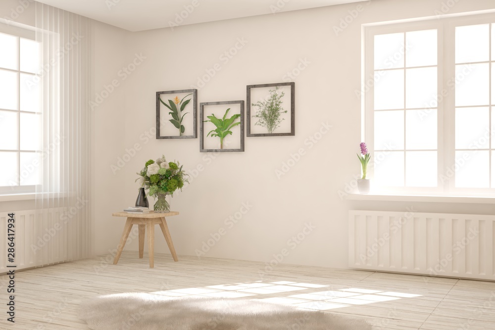 Fototapeta premium Empty room in white color. Scandinavian interior design. 3D illustration