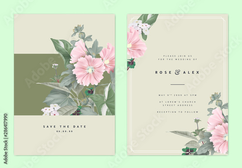 Botanical wedding invitation card template design, pink Alcea or hollyhocks flowers and leaves on light brown, natural organic theme