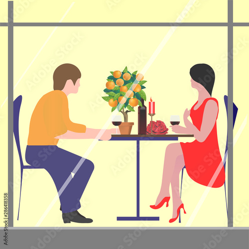 Cute couple sitting at table, drinking tea or coffee and talking. Young funny man and woman at cafe on date. Dialog or conversation between romantic partners. Flat cartoon vector illustration.