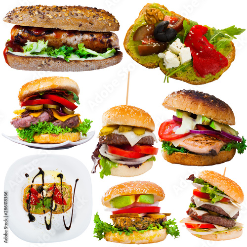 Cheeseburgers, sandwiches and fastfood dishes isolated on white background