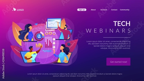 Digital education, internet conference. Online tech talks, technical topics presentations, tech webinars, live technology demonstration concept. Website homepage landing web page template.