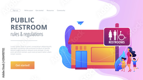 Mother with kids going to wc, bathroom. Rest room sign. Public restrooms, public toilet facilities, public restroom rules & regulations concept. Website homepage landing web page template.