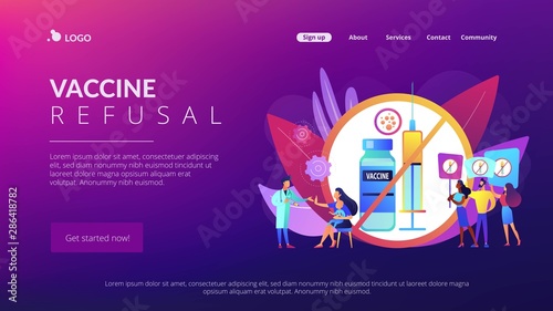 Anti-vaccination protest, people rejecting preventive medicine. Vaccine refusal, mandatory immunization, vaccination hesitancy concept. Website homepage landing web page template.