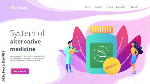 Holistic healing. Natural remedy for illness treatment. Medicine practice. Homeopathy, homeopathic medicine, system of alternative medicine concept. Website homepage landing web page template.