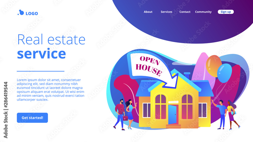 People going to housewarming party flat characters. Open house, open for inspection property, welcome to your new home, real estate service concept. Website homepage landing web page template.