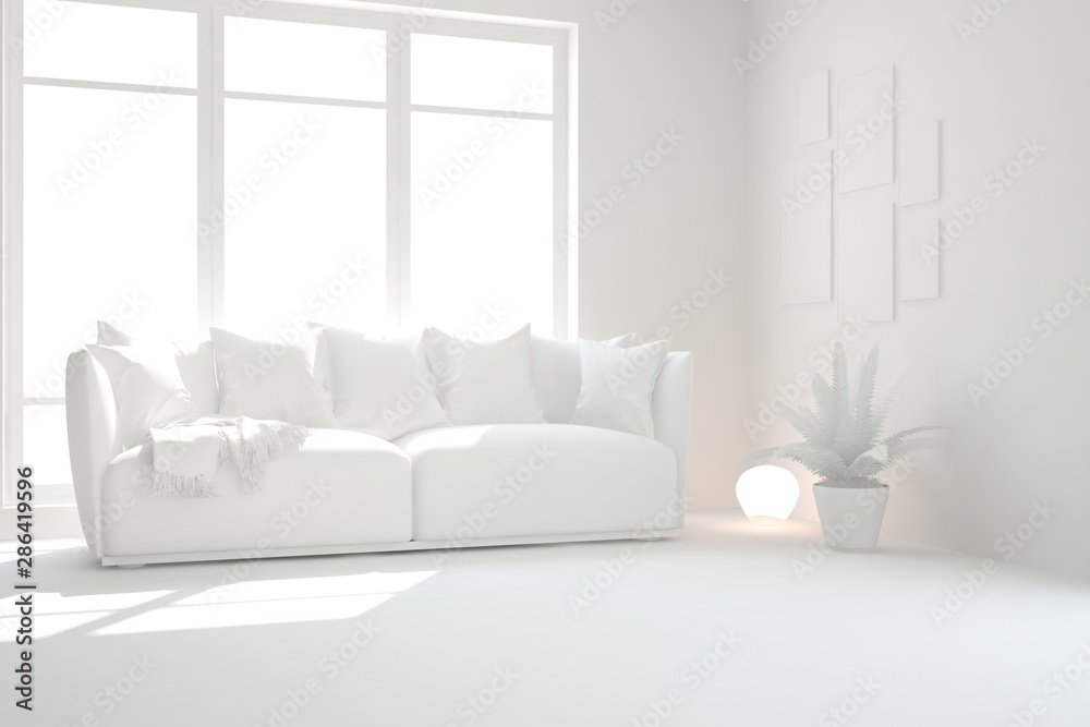 Mock up of stylish room in white color with sofa. Scandinavian interior design. 3D illustration Mock up of stylish room in white color with sofa. Scandinavian interior design. 3D illustration
