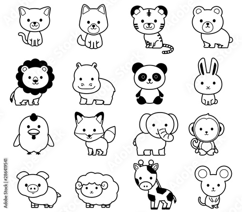 かわいい動物の全身 線イラスト